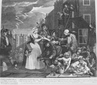 El progreso de un libertino, Placa 4, Arrestado por deudas de William Hogarth
