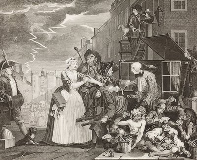 El progreso de un libertino, lámina 4: El libertino arrestado, yendo a la corte / El camino de un libertino, lámina 4: Tom Rakewell arrestado y rescatado. 1735 de William Hogarth