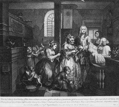 El progreso de un libertino, Placa 5, Casado con una vieja solterona de William Hogarth
