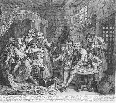 El progreso de un libertino, Placa 7, La escena de la prisión de William Hogarth