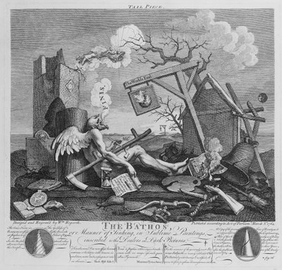 Bathos, Manera de hundirse, en pinturas sublimes inscritas a los comerciantes de cuadros oscuros, 1764 de William Hogarth