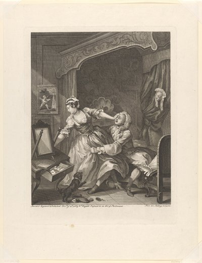 "Antes
Un hombre tira de una mujer que se resiste hacia él en un dormitorio
Antes (título en el objeto)
Antes y después (título de la serie)
Antes y después (título de la serie) de William Hogarth