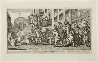 Quemando las colillas en Temple Bar, lámina once de Hudibras de William Hogarth