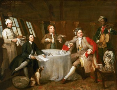 El capitán George Graham (1715-1747), en el camarote de su barco "Nottingham", cuadro conmemorativo de su victoria frente a las costas de Ostende (Bélgica), en junio de 1745, sobre una escuadra comercial francesa con un rico botín. de William Hogarth