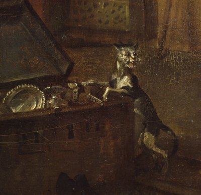Gato con un cofre, detalle de A Rakes Progress I: El Rake tomando posesión de su herencia, 1733 (detalle) de William Hogarth