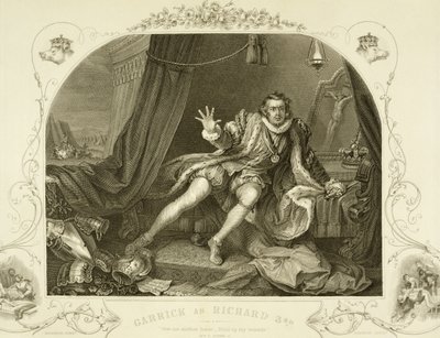 David Garrick (1717-79) como Ricardo III, Acto V Escena 3, en la obra de William Shakespeare, grabado por Portbury de William Hogarth