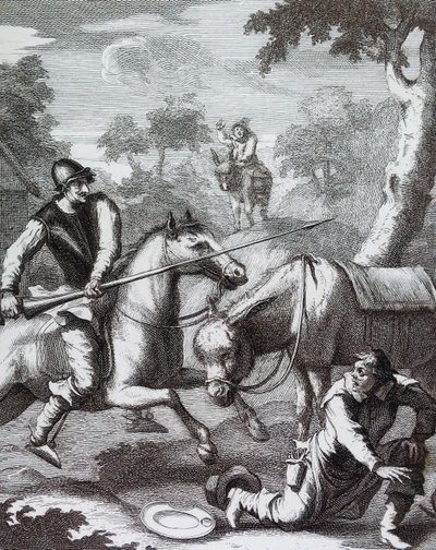 Don Quijote se apodera del masón del barbero por el casco de Mambrino