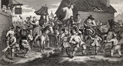 Hudibras se encuentra con el Skimmington, grabado por T.E. Nicholson, de 