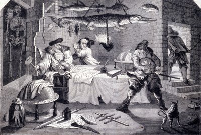Hudibras ataca al astrólogo Sidrophel y a su ayuda de cámara Whacum. Grabado por William Hogarth para el poema 