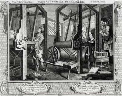Industria y Ociosidad, Los Compañeros Aprendices en sus Telares, placa 1 de William Hogarth