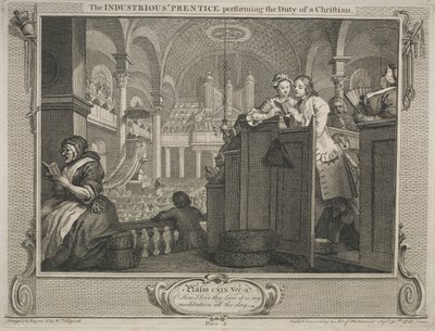 Industria y Ociosidad: El Aprendiz Industrioso Realizando el Deber de un Cristiano, 1747 de William Hogarth