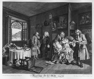 Matrimonio a la moda, Lámina VI, La muerte de la dama de William Hogarth