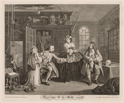 Matrimonio a la moda: La escena con el charlatán de William Hogarth