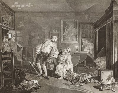 Marriage à la Mode / Matrimonio a la moda. Lámina 5: El Bagnio / El conde cae en el duelo. 1745 de William Hogarth