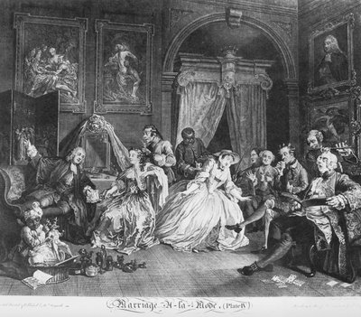 Matrimonio a la moda, Placa 4, (El recibimiento de la condesa) de William Hogarth