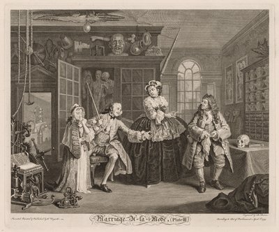 Matrimonio a la moda: La escena con el charlatán de William Hogarth