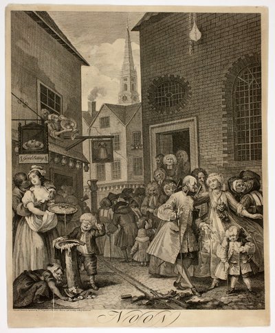 Mediodía, placa dos de Las cuatro horas del día de William Hogarth