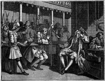 Placa de una serie de 12 grabados de William Hogarth (1697-1764), ilustrador británico, titulada “Industria y Ociosidad”, contando las carreras de dos aprendices: Thomas Idle, culpable de sus vicios, fue juzgado por Goodchild, quien se convirtió en juez de William Hogarth