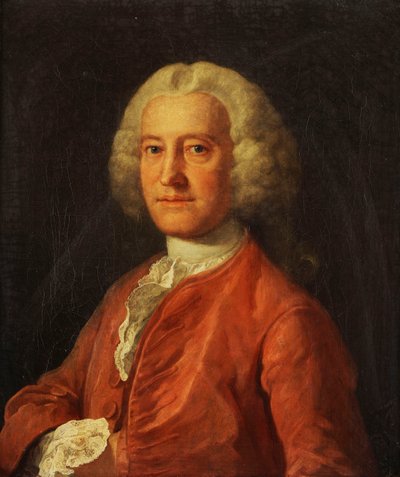 Retrato de Samuel Martin, Medio Cuerpo, con un Abrigo Rosa, Corbata Blanca y Camisa Blanca con Encaje, con su Mano Derecha Metida en su Chaqueta, c.1763 de William Hogarth