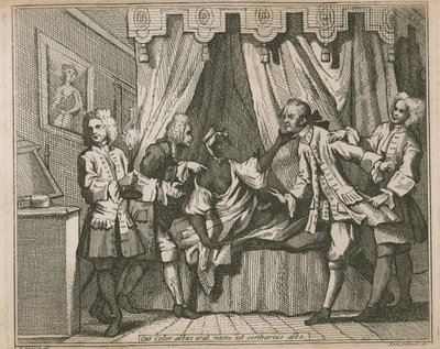 Qui color albus nunc erat, est contrarius albo; Cuatro hombres confrontan a una mujer negra en su dormitorio de William Hogarth