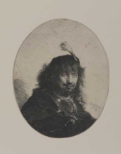 Rembrandt con gorra emplumada y sable bajado de William Hogarth