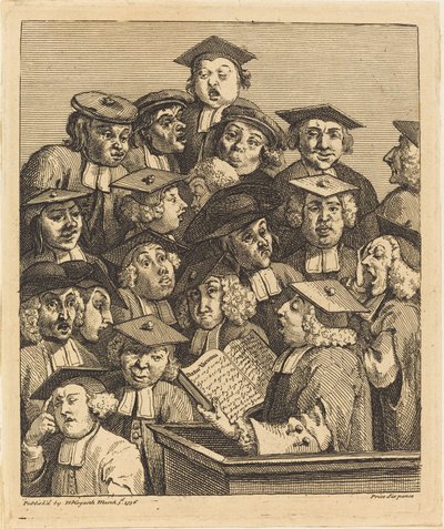 Estudiosos en una conferencia de William Hogarth