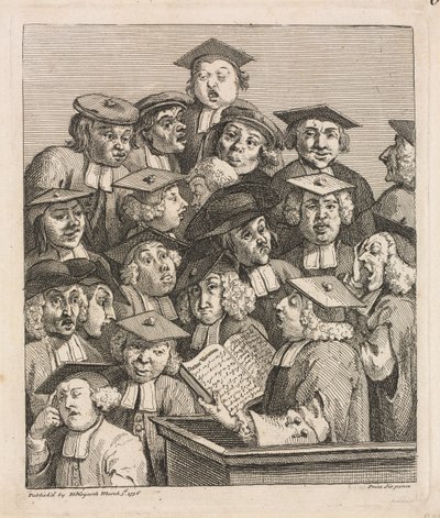 Académicos en una conferencia de William Hogarth