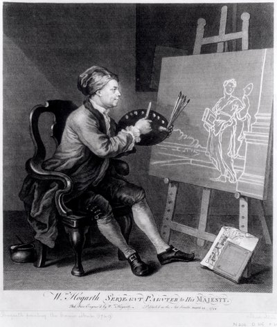 Autorretrato pintando la Musa Cómica, grabado por el artista, pub. 1758 de William Hogarth