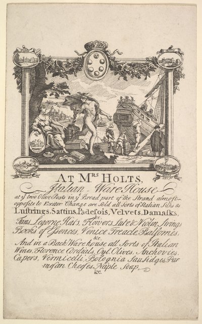 Tarjeta de tienda para el almacén italiano de la Sra. Holt de William Hogarth