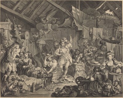 Actrices paseando vistiéndose en un granero de William Hogarth
