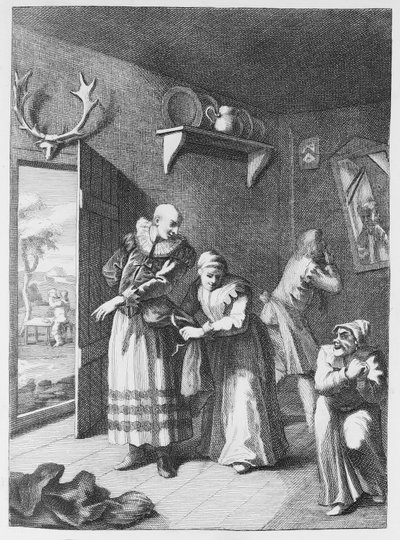 El cura y el barbero disfrazándose para llevar a Don Quijote a casa de William Hogarth