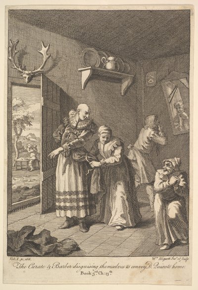 El cura y el barbero disfrazándose para llevar a Don Quijote a casa de William Hogarth