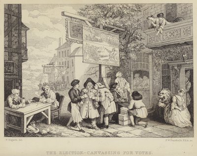 La elección - Campaña para votos: sátira sobre la elección parlamentaria de 1755, una de una serie de cuatro titulada Humores de una elección de William Hogarth