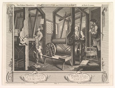 Los aprendices en sus telares Industria y Ociosidad, placa 1, 30 de septiembre de 1747 de William Hogarth