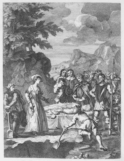 El funeral de Crisóstomo y Marcela defendiéndose de William Hogarth