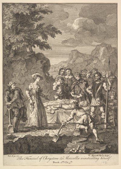 El funeral de Crisóstomo y Marcela defendiéndose Seis ilustraciones para Don..., 1756 o después de William Hogarth