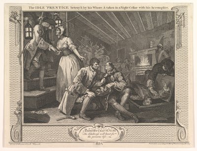 El Aprendiz Ocioso Traicionado por su Prostituta y Capturado en una Bodega Nocturna, 30 de septiembre de 1747 de William Hogarth