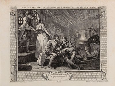 El aprendiz ocioso traicionado por su prostituta y llevado a una bodega nocturna con su cómplice, 1747 de William Hogarth