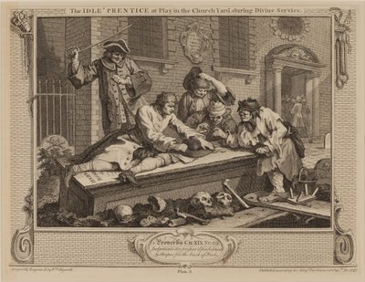 El aprendiz ocioso jugando en el cementerio durante el servicio divino de William Hogarth