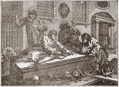 El aprendiz ocioso jugando en el cementerio durante el servicio divino - Placa de una serie de 12 grabados por William Hogarth (1697-1764), ilustrador británico, titulada “Industria y Ociosidad”, “El celo y la pereza”, relatando las carreras de dos aprendi de William Hogarth