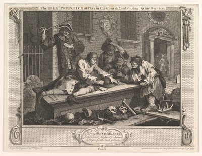 El aprendiz ocioso jugando en el cementerio, Industria y Ociosidad, placa 3, 30 de septiembre de 1747 de William Hogarth