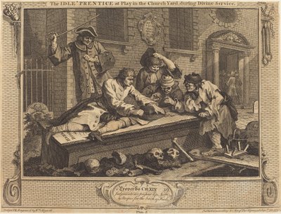 El aprendiz ocioso jugando en el cementerio durante el servicio divino de William Hogarth