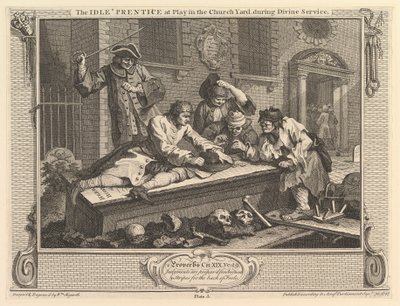 El aprendiz ocioso jugando en el cementerio: Industria y ociosidad, placa 3, 30 de septiembre de 1747 de William Hogarth