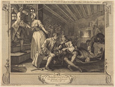 El Aprendiz Ocioso traicionado por su Prostituta, y capturado en una Bodega Nocturna con su Cómplice de William Hogarth
