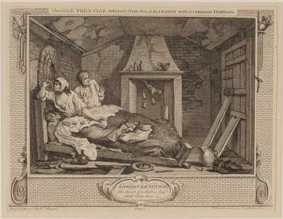 El aprendiz ocioso regresado del mar y en un desván con una prostituta común, de la serie "Industria y Ociosidad", octubre 1747 de William Hogarth
