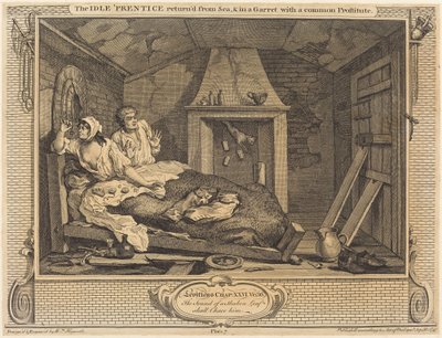 El Aprendiz Ocioso regresado del Mar y en un Ático con una Prostituta Común de William Hogarth