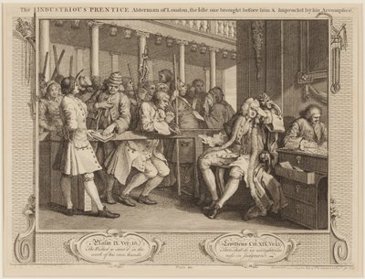 El aprendiz industrioso concejal de Londres: el ocioso llevado ante él y acusado por su cómplice de William Hogarth