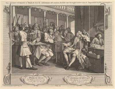 El aprendiz industrioso concejal de Londres, el ocioso llevado ante él de William Hogarth