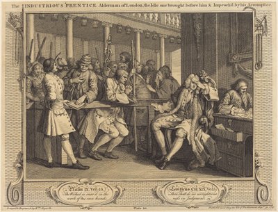 El aprendiz industrioso, concejal de Londres, el ocioso llevado ante él y acusado por su cómplice de William Hogarth