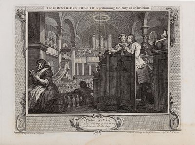 El aprendiz industrioso cumpliendo el deber de un cristiano. Serie Industria y Ociosidad, 1747 de William Hogarth